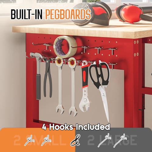 SPECRAFT Red Adjustable Heavy Duty Workbench with 4 AC Outlet and 2 USB Ports Power Outlets, 2000 Lbs Capacity, Rubber Wood Top for Garage, Workshop, Office - color: Red, size: Standard/44"x20"