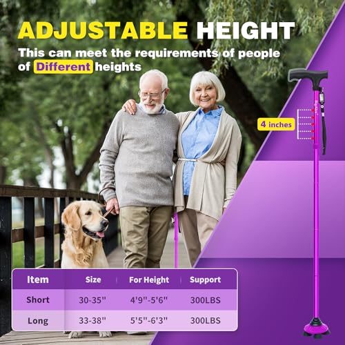 BigAlex Folding Walking Cane for Elderly Adjustable & Portable Walking Stick for Seniors,Pivoting Quad Base,Lightweight,Collapsible with Carrying Bag for Men/Woman - color: Purple(4'9"-5'6")