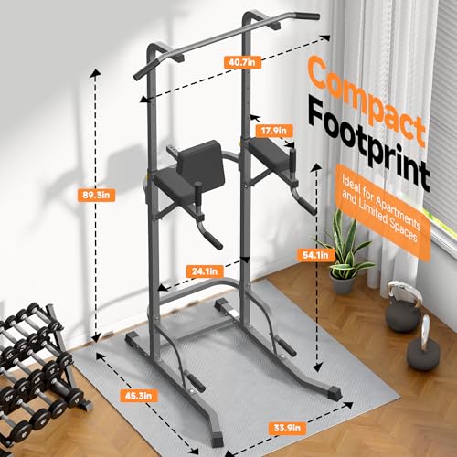 Power Tower Pull Up Station with Arm Rests Back Pad and Flared H-Shaped Base - color: Black