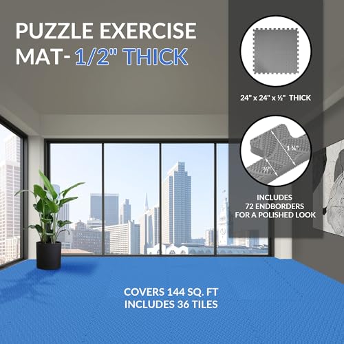 Fitvids Puzzle Exercise Gym Flooring Mat, 1/2" Thick High-Density EVA Interlocking Tiles Workout Mat for Home Gym, Fitness Equipment, MMA, Gymnastics, 36-Piece Shock-Absorbing Exercise Mat (144 Sq Ft) - color: Navy, style: 1/2" Thick, 36 Tiles (144 Sq Ft)