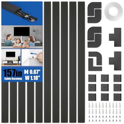 Delamu 157in Cord Hider, Cord Cover Wall Cable Management, Paintable Wire Cover for Cords, Cable Hider Raceway Kit, Cable Cover Concealer, Wire Hiders for TV on Wall, 10 X L15.7 W1.18 H0.6in, Black - color: Black, size: 157in L x 1.18in W x 0.6in H
