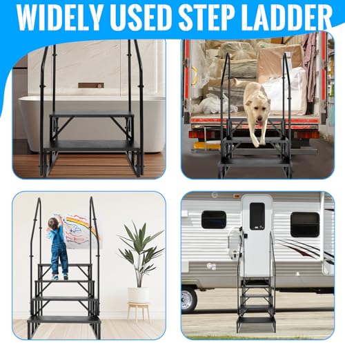 RV Step 3 Step Ladder with 2 Handrails | Anti-Slip Pedal, Triangular Reinforcement, Easy Assembly, Heavy Duty, Thickened - style: 3 handrails Step