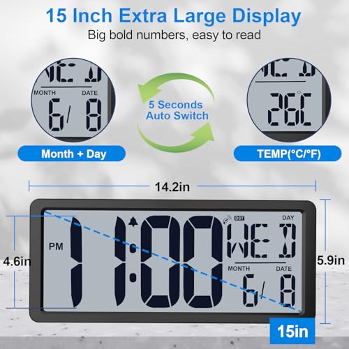 Backlight Digital Wall Clock Battery Operated with Bluetooth Time Sync/No Setup Required, 15'' Large Digital Wall Clock with Day, Date & Temperature, Large Digital Clock for Bedroom, Office - color: Black
