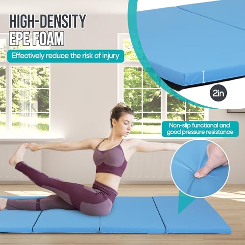 Gymnastics Mat - Tumbling & Exercise - 4 Folding - Indoor/Outdoor - Extra Thick - High Density - Yoga & Arts - color: BLUE