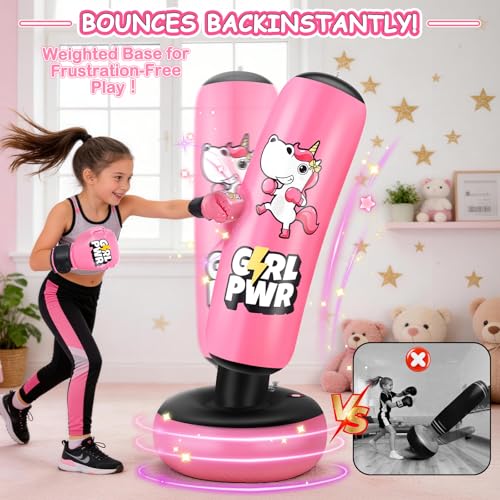 Inflatable Punching Bag, 66" Inflatable Boxing Bag for Kids with Boxing Gloves for 3-12 Girls, Stable Boxing Set for Practicing Karate, Taekwondo, Unicorn Toy & Gifts for Girls