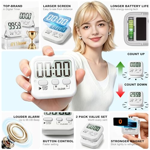 Antonki 2 Pack Digital Timer for Kids, Magnetic Countdown Kitchen Timers for Cooking, Egg, Classroom, Teacher, Exercise, Study, Oven - Battery Included - color: Pure White *2