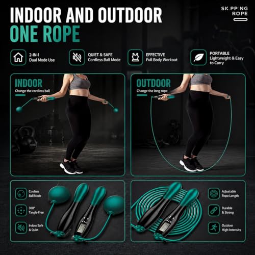 HARCOS Cordless Jump Rope with Counter & LCD Display – 2-in-1 Weighted Ball Skipping Rope & Adjustable Steel Cable – Tangle-Free Speed Jump Rope for Women, Men & Kids – Home Gym Cardio Fitness Equipment - color: Pink