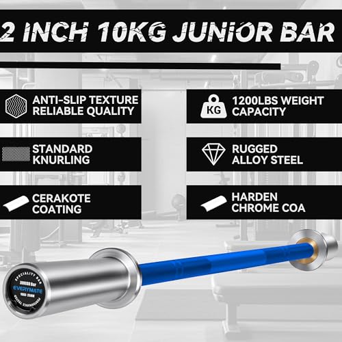 EVERYMATE 5LB Mini Barbell Bar Beginner Women Kid Barbell Total Body Workout Weighted Bar,for Strength Training, for Youth Children New Weightlifting - color: Sliver Sleeves Blue Bar, size: 10KG Junior Barbell