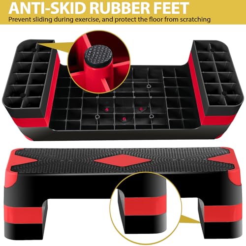 27'' Aerobics Stepper Workout Step Platform with 4 Risers 4"-6"-8" Height Adjustable, Non-Slip Fitness Exercise Workout Trainer for Cardio, Core, Strength Training,Home Gym - color: Red