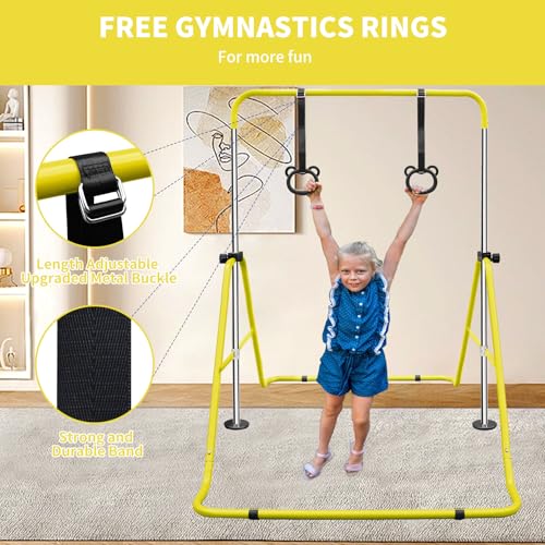 Gymnastics Bars for Kids with Rings, Junior Kip Training Bars Equipment for Home, Folding Height Adjustable Horizontal Bars - color: Yellow