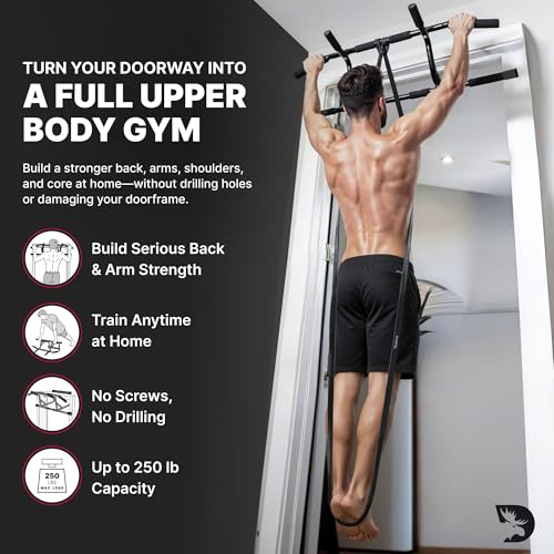 DMoose Fitness Pull Up Bar for Doorway - Upto 250 Lbs Capacity, No Screwing or Slipping, Hanging Pullup & Chin Up Bar for Door Frame - Multi Padded Grips for Strength Training with Installation Guide - color: Bombshell