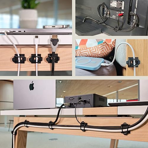 [Made in the UK] 10-Pack Adjustable Elastic Adhesive Cable Clips, Wire Management Holder, Cord Organizer for Home Office, Under Desk, Behind TV, Phone Charger, Laptop, PC, HDMI, USB (Black) - color: Black 10-pack