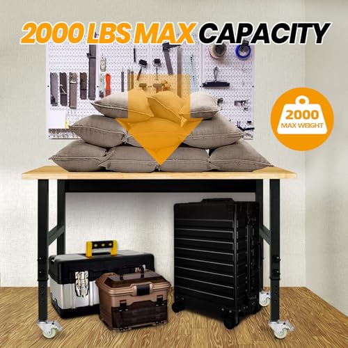 48" Adjustable Work Bench, Rubber Wood Top Workbench | Heavy-Duty Work Table with Wheels, 2000 LBS Load Capacity Hardwood Work Benches for Garage - size: with wheels, 48