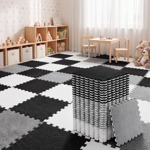 Amylove 72 Pieces Plush Foam Floor Mat Square Interlocking Carpet Tiles with Border 12 x 12 x 0.4 in Fluffy Play Mat Floor Tiles Soft Climbing Area Rugs for Home Playroom(White, Gray, Black) - color: White, Gray, Black
