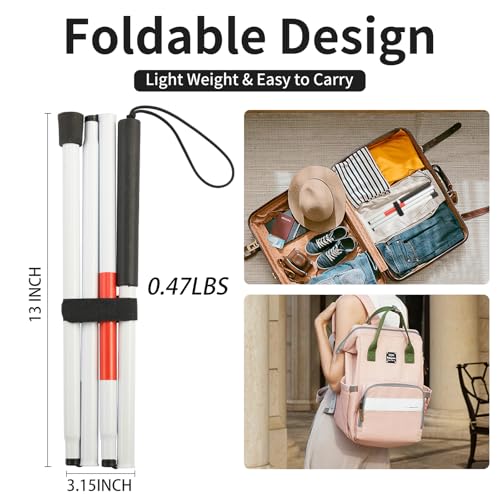 Folding Blind Cane Reflective Red Folding Walking Stick for Vision Impaired and Blind People, Lightweight, Non-Slip (52inch)