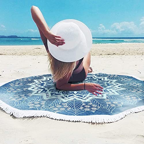 RosieLily Round Mandala Beach Towel, Microfiber Hippie Boho Extra Large Sand Proof Quick Dry Beach Blanket, Circle Pool Picnic Table Mediation Yoga Mat, 59 inch Towel with Tassels Gifts for Women - color: Blue Mandala Beach Towel 02