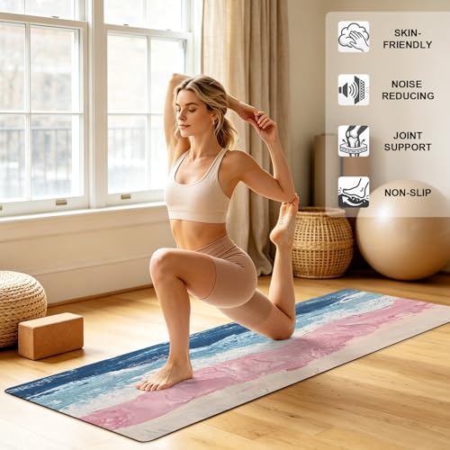 Navy Blue Grey White Yoga Mat Non Slip Abstract Art Modern Oil Painting Exercise Mat with Carrying Strap, Large Yoga Mats for Women, Workout Mats for Pilates, Stretching & Fitness - color: Sky Blue Beige Pink, size: 68"L x 24"W