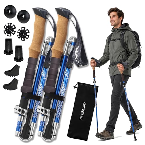 Trekology Trek-Z Collapsible Hiking & Trekking Poles - Balance Support for Seniors, Women, and Men, 2pc Per Set - color: Cork Blue, size: 100–120 cm (for Height: 4’11” to 5’10”)