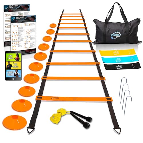 Invincible Fitness Agility Ladder Full Training Equipment Set, Improves Coordination, Speed, Power and Strength, Includes 10 Cones 4 Hooks and 3 Loop Resistance Bands for Outdoor Workout (Orange)