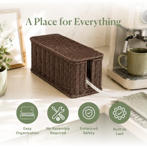 Cable Management Box, Handmade Rattan Cable Organizer with 2 Open Slots, Cord Hider for Power Strip, Router & USB Hub, Registered U.S. Design Patent (D1,112,102), 13" x 5.1" x 5.1", Brown - color: Brown, style: Rectangle