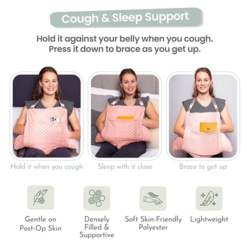 MOYOAMA Hysterectomy Pillow Post Surgery – Form-Fit Support Shield with Secure Straps, 2 Pockets, & Cozy Muff – After Hysterectomy Recovery Must-Haves, Post-Op C-Section Pillow Post Surgery Gifts - color: Rose Gold