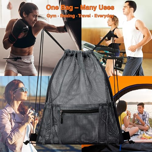 Mesh Sports Drawstring Bag, Large Breathable Gym Sack for Boxing Gloves, Boxing Equipment, Shoes & Training Gear, Lightweight & Durable (Black) - color: Black