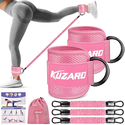 KUZARO Ankle Resistance Bands with Cuffs, Ankle Weights Bands for Working Out, Women Leg and Glutes Workout Equipment, Exercise Bands for Kickbacks, Butt and Booty Trainer, Home Gym Fitness Equipment - color: Pink