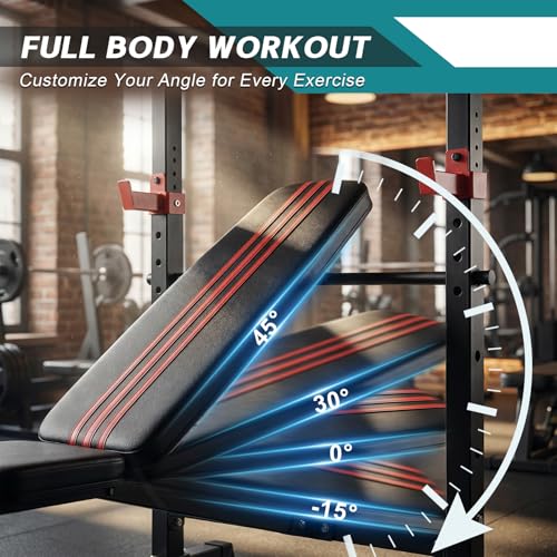 DUMOS Adjustable Weight Bench Set with Rack, 650LBS Foldable Bench Press | Easy Assembly Workout Set with Leg Extension Curl, for Indoor Exercise Home Gym - color: RED, size: 62''*37''*45''