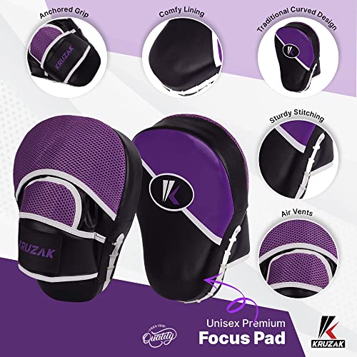 Kruzak Premium Boxing Gloves and Focus Mitts Set for Kickboxing and Muay Thai MMA Training| Focus Pads and Training Gloves | Fitness Kit for Martial Arts & Karate | 08, 10, 12, 14, 16 oz Gloves - color: Black and Purple, size: 16 oz