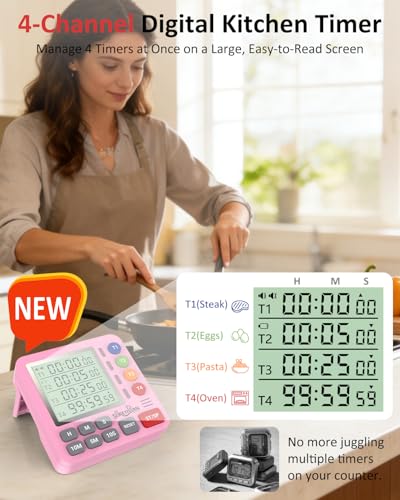 Digital Kitchen Timer with 4 Channel, Loud Alarm and Silent Mode | Magnetic Cooking Timer with Count Up & Countdown for Kids and Seniors, Large Display to Read, Auto Memory, Battery Included - color: Pink