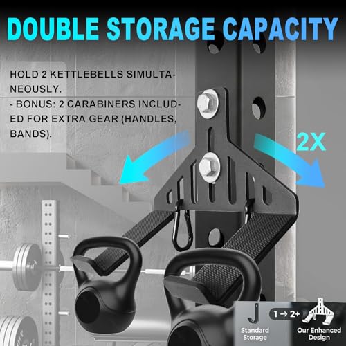 J Bryant Kettlebell Rack Storage Attachment, Heavy Duty Steel Kettlebell Holder for Power Cage & Squat Rack - color: Black Double Kettlebell Holder
