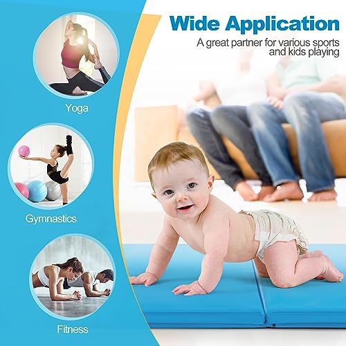 Goplus Folding Gymnastics Mat, 6’ x 2’ x 2’’ Thick Tri-Fold Exercise Tumbling Mat w/Carrying Handles, Hook & Loop Fastener, Gym mats for Home Fitness Yoga Aerobics Workouts Martial Arts - color: Blue