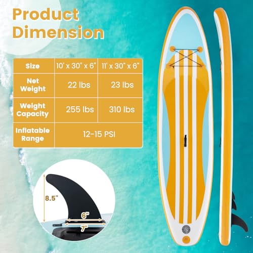 KOTEK 10FT/11FT Inflatable Paddle Board, SUP Paddleboard with Hand Pump, Safety Leash, Repair Kit, Carry Bag, Non-Slip EVA Deck, Stand Up Paddle Board for Youth & Adults - size: 11 FT, style: Orange Stripe