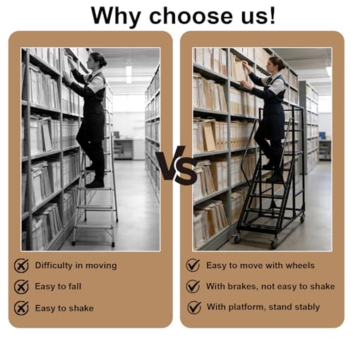 6 Step Rolling Warehouse Step Ladder, Industrial Mobile Staircase on Wheels, 1100Lbs Weight Capacity, Heavy Duty Mobile Platform Ladder with Handrails, Suitable for Warehouse, Library (White, 6 steps) - color: White