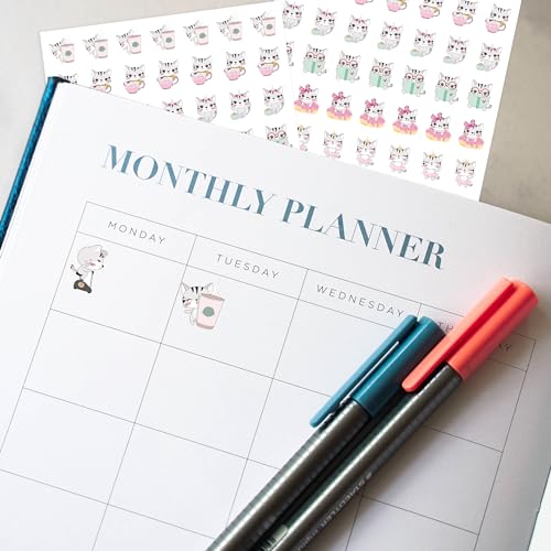 Cute cat chore stickers icons, waterproof, removable, workout coffee errands planner journal calander, 104 stickers, Stay Happy, Planner (Matte Vinyl, 6 Sheets)