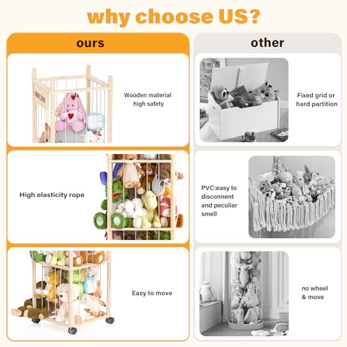 Dayacoco Stuffed Animal Storage with Brake Wheels, Wood Stuffy Animal Storage Zoo Holder Bin, Large Capacity Toy Organizer with Elastic Band and Net for Nursery Play Room Bedroom (Pine Wood 54in) - size: 3 Tiers with Wheels
