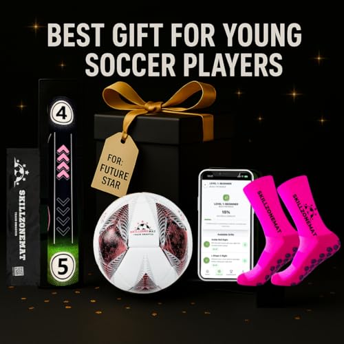 SkillZone Soccer Training Mat with Soccer Ball – Dribbling & Footwork Trainer | Indoor/Outdoor Soccer Training Kit with Interactive Video Hub, Grip Socks & Carry Bag | Control & Agility Practice - color: Flash Pink - Match Kit