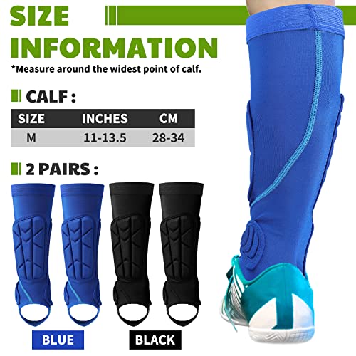 2 Pairs Soccer Shin Guards Kids, Football Ankle Protector Socks, Youth Shin Pads Protective Soccer Accessories, Football Equipment with Leg and Ankle Guard Pad for 6-12 Boy Girl Teenager, Blue Black
