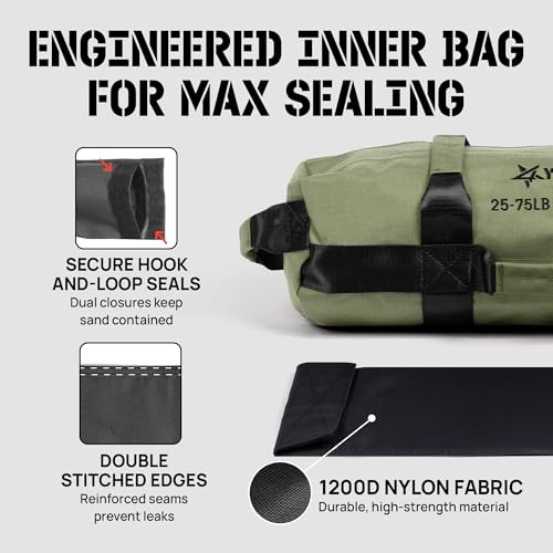 Yes4All Sandbags for Working Out, Adjustable Sand Bags for Weight Training with Handles, Multiple Colors & Sizes 5-200lbs - color: B. Army Green - M (25-75 Lbs)