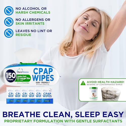 CPAP Mask Wipes - 150 Count Jumbo Pack + 6 Travel Sheets - Dura Cleanse Extra Large, Extra Moist Cleaning Wipes for Full Face, Nasal Masks Unscented Cleaner for CPAP Machine, Supplies and Accessories - size: 150 Count (Pack of 1)
