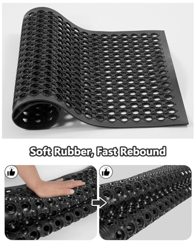 【10mm Extra Thick】36"x60" Heavy Duty Non-Slip Outdoor Rubber Door Mat with Drainage Holes, Large Rubber Mats for Bar, Garage, Kitchen, Waterproof Black Shop Matt, Fast Drying Restaurant Floor Mat - size: 3' x 5' (Rectangular)
