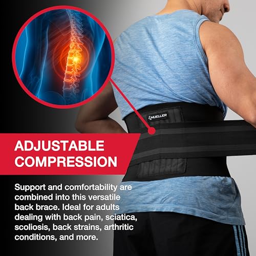 MUELLER Sports Medicine Adjustable Back Brace, Ideal for Upper and Lower Back Pain, Relief & Support for Men and Women, Strains, Sciatica, Scoliosis, Black - style: Small