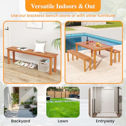Tangkula Outdoor Wood Bench, 59” Long Patio Dining Bench, Backless Wooden Bench with Teak Oil Finish & Slat Seat, Accent Entryway Bench, Farmhouse Bench for Yard, Garden, Porch, Indoors - size: 59"
