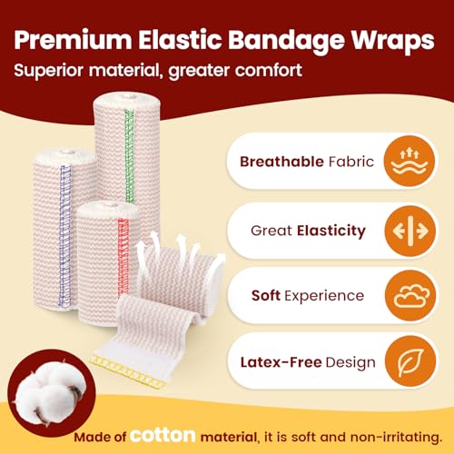 Elastic Bandage Latex Free Stretch Bandage (2x2",2x3",2x4",6 Pack) | Latex Free, Reusable & Machine Washable, Breathable Cotton Fabric, Individually Packed, Hook-and-Loop Fasteners on Both Ends - size: 6 Pack