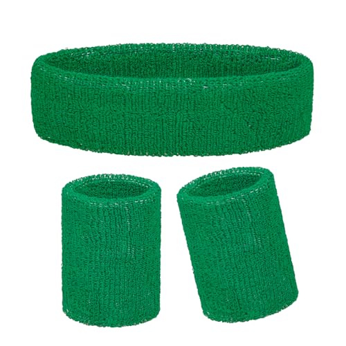 Sucrain 3 Pieces Sweatbands Set, 1 Pieces Sports Headband and 2 Pieces Wristbands,Wicking Sweat Head Band for Youth Womens Men - color: Green