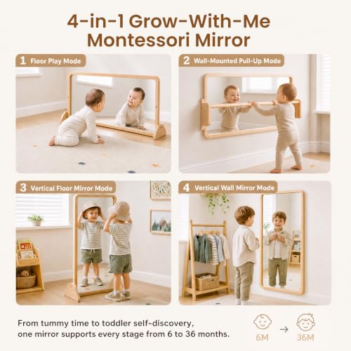 Woodtoe 4-in-1 Montessori Mirror with Bar, Adjustable Tummy Time Floor Mirror, Baby Pull to Stand Toy, Natural Unpainted Solid Wood Frame, Baby Pull Up Bar, Developmental Toys for Nursery (Large Size)