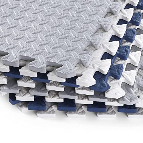 Foam Play Mat for Toddlers, EVA Non-Toxic Interlocking Floor Mats with Solid Colors, Squares Baby Play Mat, EVA Foam Floor Mat Foam Mats for Kids, Baby, 16 Tiles(White/Light Gray/Dark Blue) - color: White/Gray/Dark Blue, size: 16 Pcs/47.2*47.2