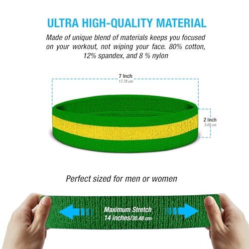 Suddora Striped Sweatband Set, Moisture Wicking 2 Wristbands and 1 Headband, Breathable Athletic Sweat Bands for Sports, Costumes & Cosplay, Matching Bands to Wear with Jersey - color: Green Yellow Green