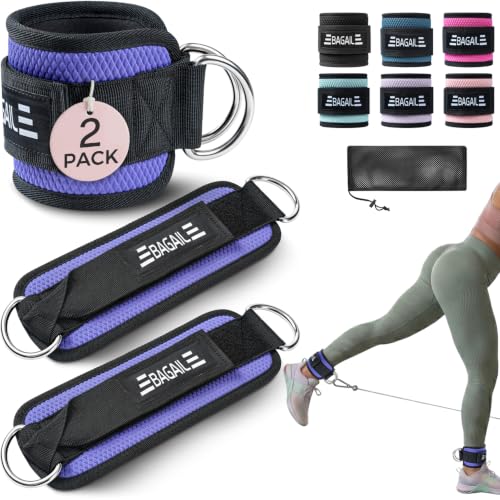 BAGAIL Ankle Straps for Cable Machines (2 Pack), Double D-Ring Ankle Cuffs with Extra Thick Padding, Adjustable Fit for Women & Men Glute Kickbacks, Hip Abductors & Leg Curls, Includes Mesh Bag - color: Purple