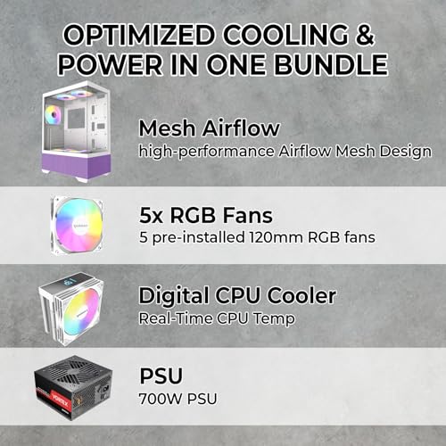 Raidmax i802 Vibe Series ATX Mid Tower Gaming Case Bundle – Tempered Glass Side Panel, Includes 700W 80+ Power Supply, AM1204 Digital Display Air Cooler, and 5 Pre-Installed FRGB Fans (Purple) - color: Purple